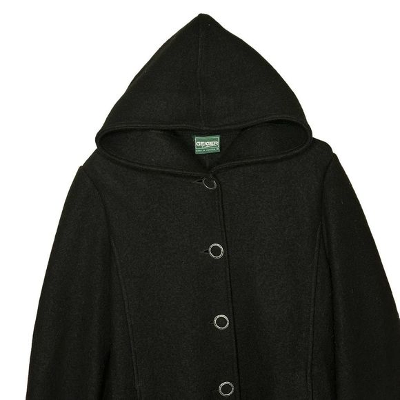 Vintage Geiger Made In Austria Pure New Wool Black Hooded Coat 36 - Picture 2 of 11